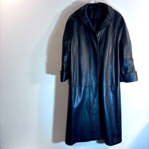 OLYMPIC Sz M-L Vintage Long Line Leather Coat Round Collar 3/4 Sleeves Lined